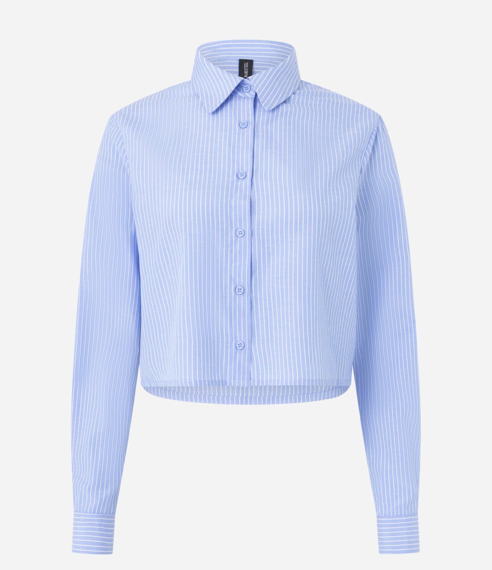 Camisa Cropped Manga Longa com Estampa Listrada Azul 1