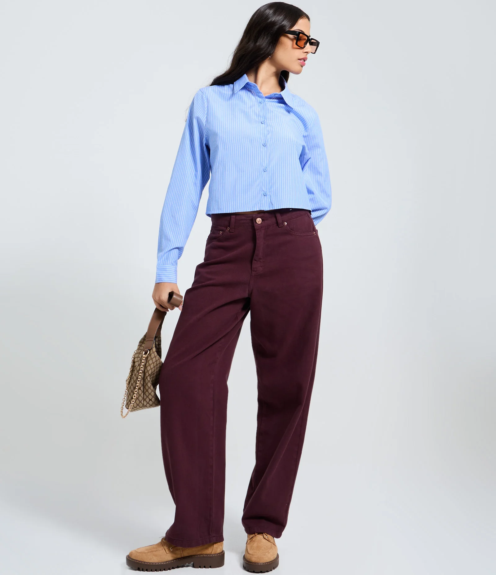 Camisa Cropped Manga Longa com Estampa Listrada Azul 2