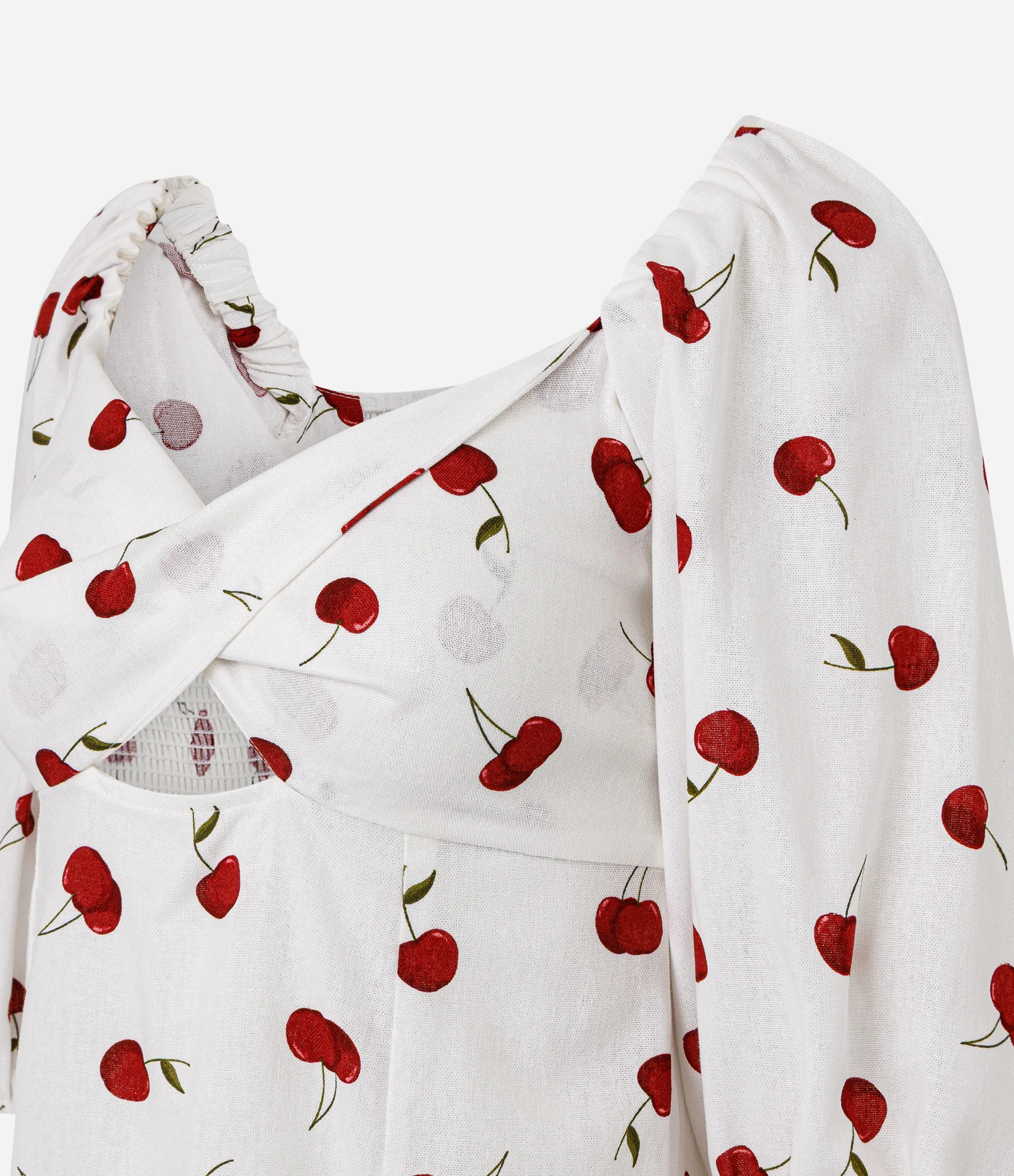 Vestido Longo com Marga Curta e Estampa de Cerejas Branco 2