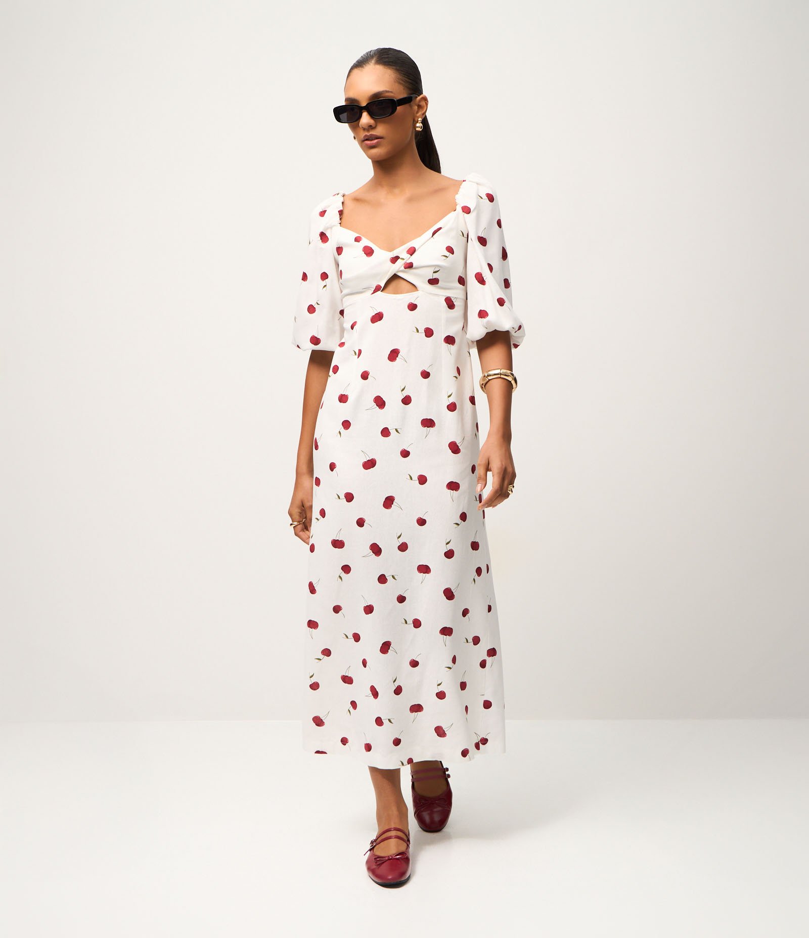 Vestido Longo com Marga Curta e Estampa de Cerejas Branco 1