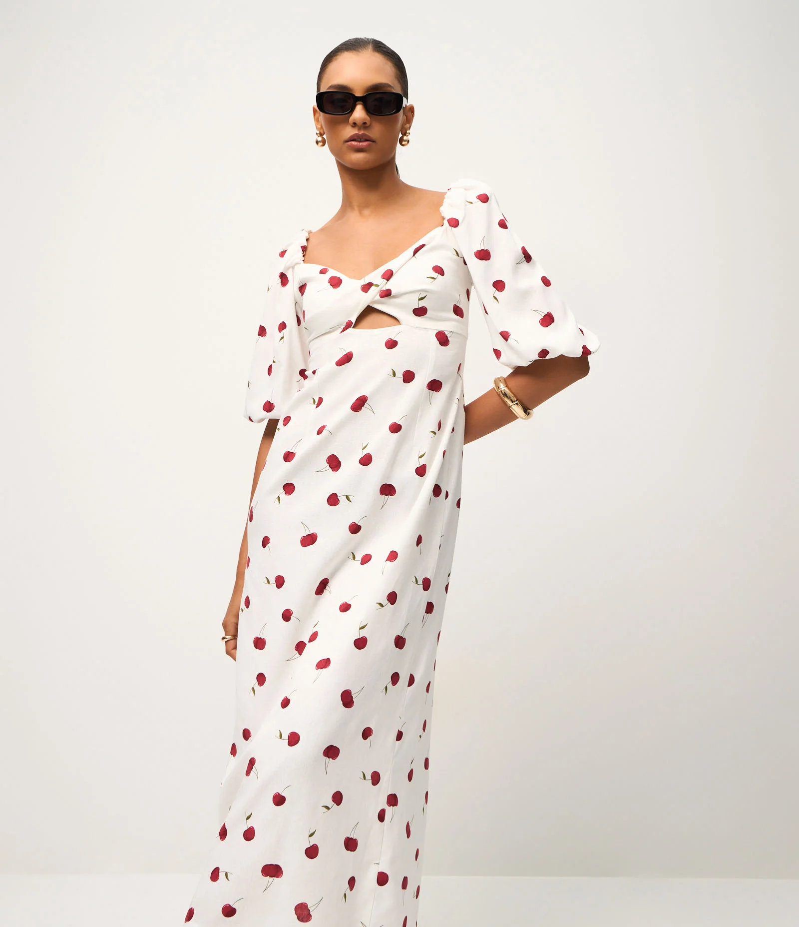 Vestido Longo com Marga Curta e Estampa de Cerejas Branco 2