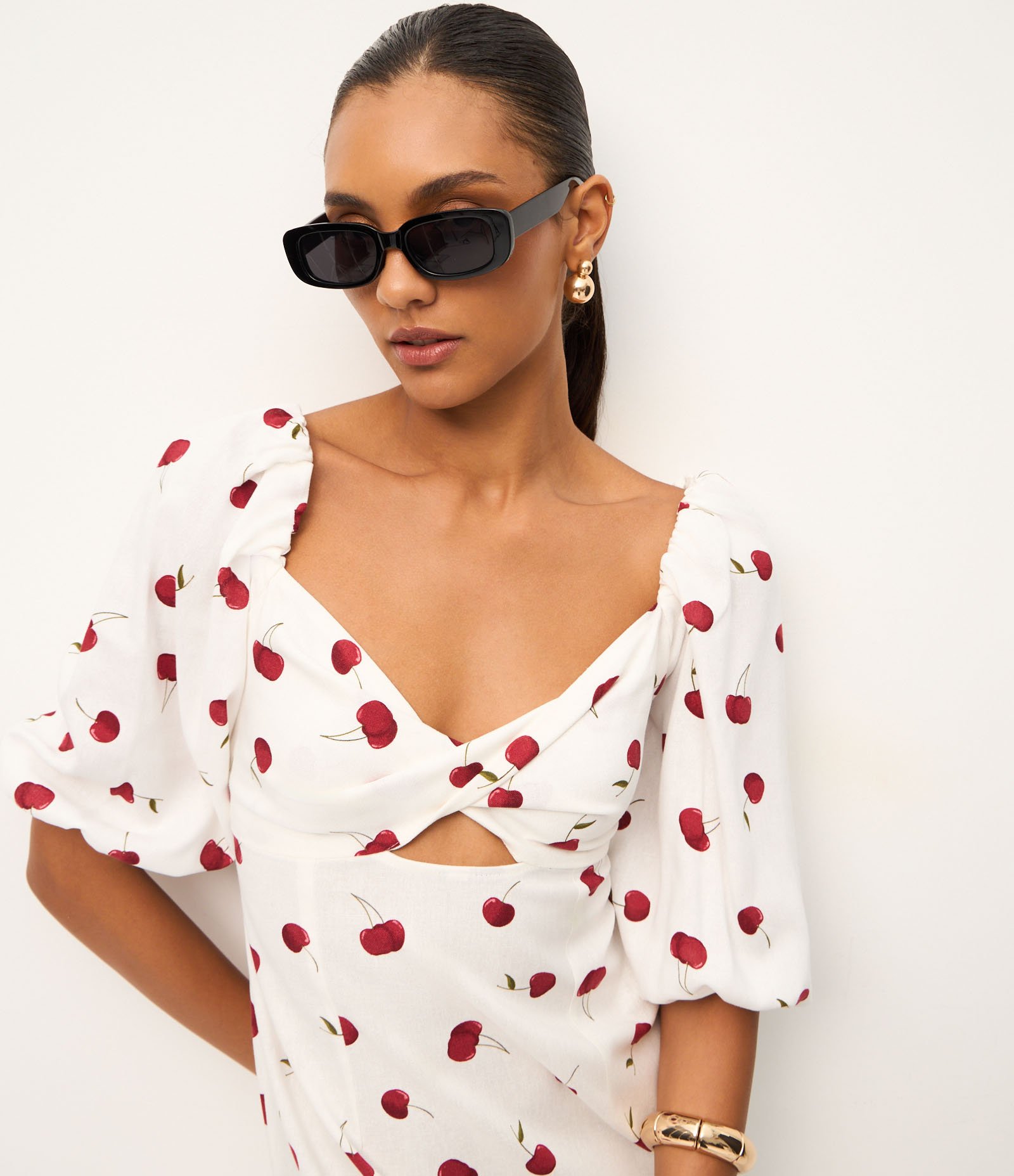 Vestido Longo com Marga Curta e Estampa de Cerejas Branco 4