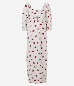 Vestido Longo com Marga Curta e Estampa de Cerejas