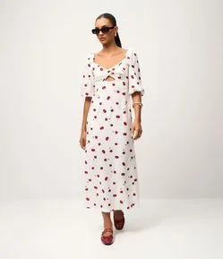 Vestido Longo com Marga Curta e Estampa de Cerejas