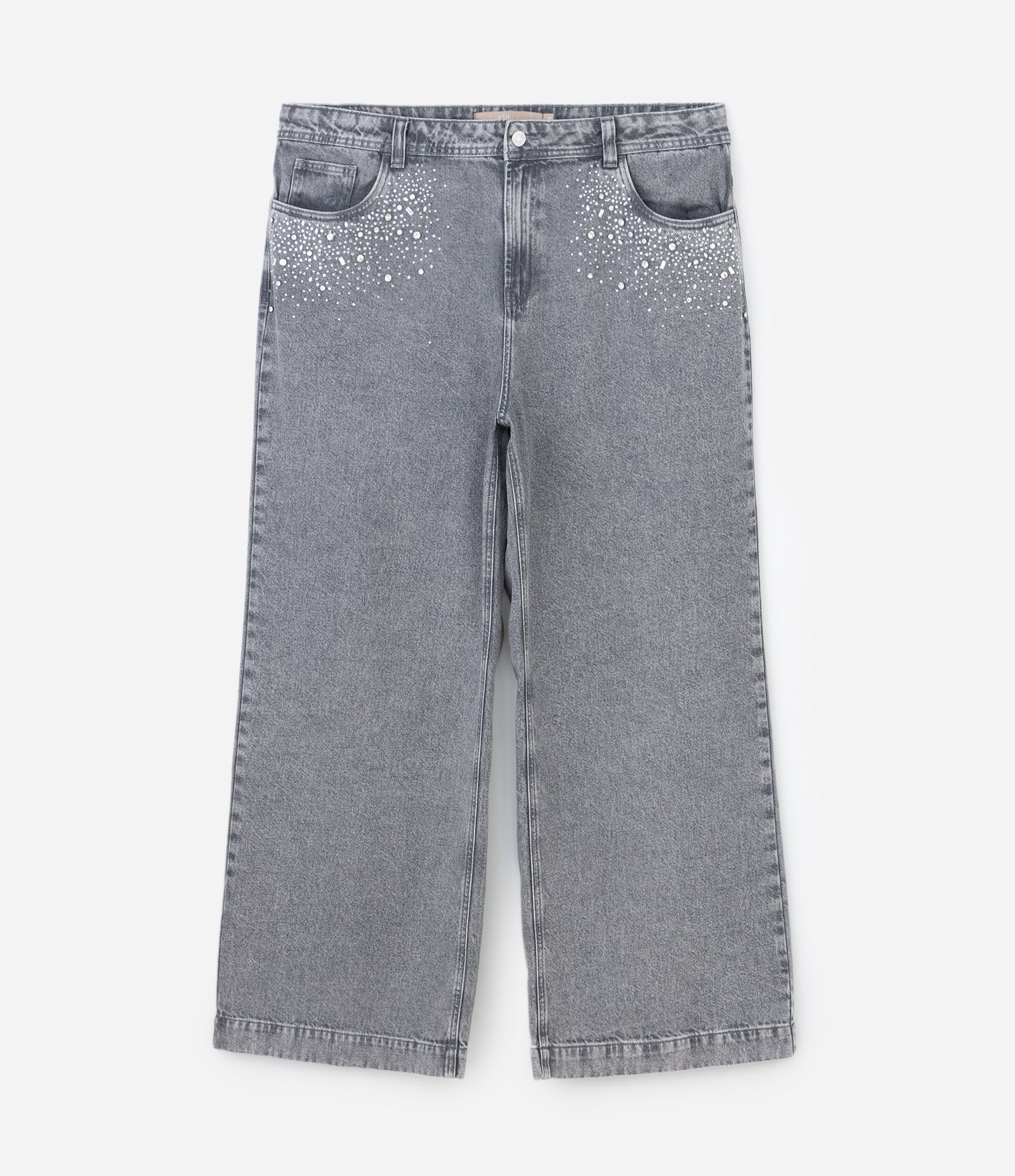 Calça Wide Leg Jeans com Brilhos Curve & Plus Size Cinza 6