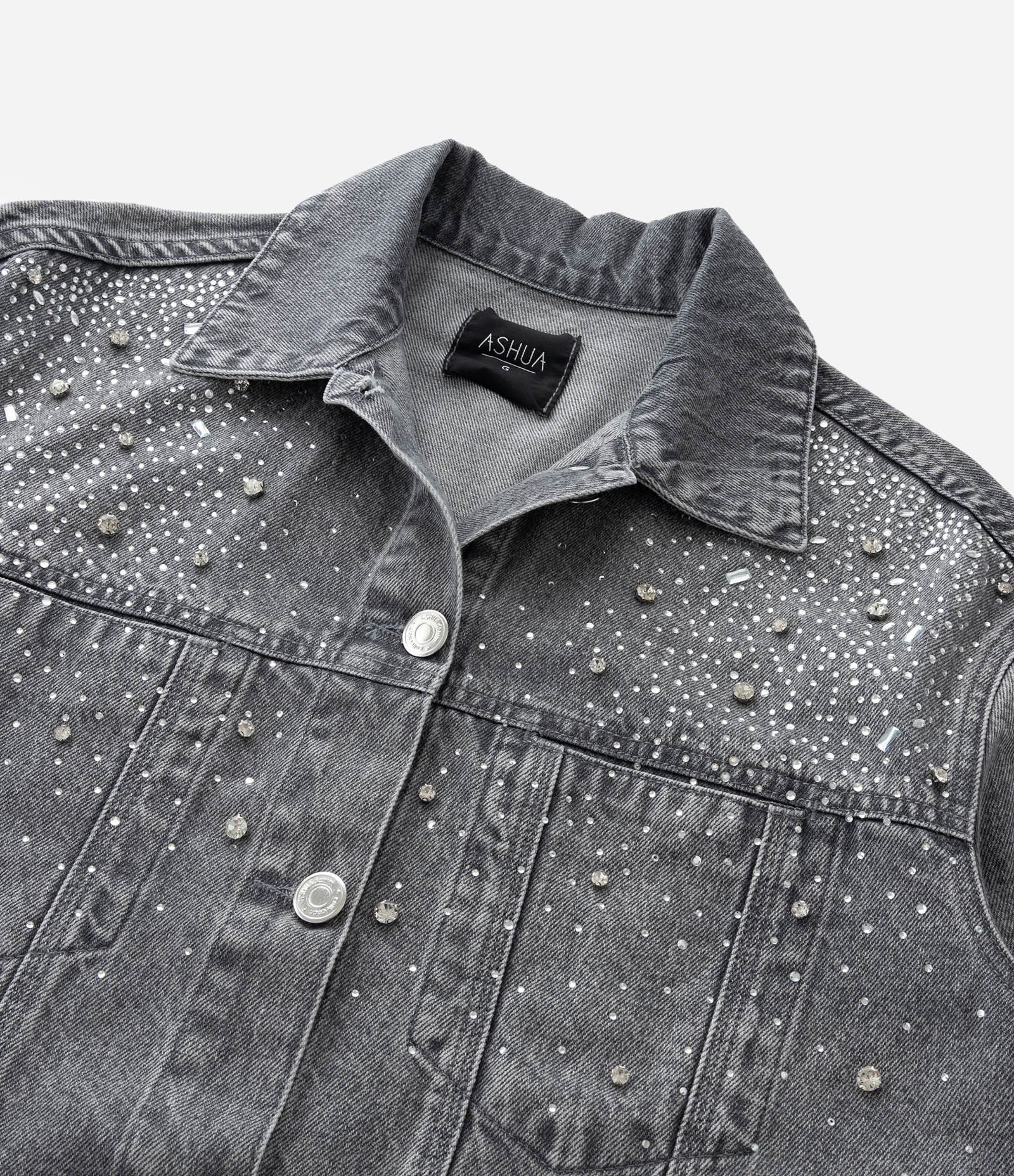 Jaqueta Oversized em Jeans com Aplicações de Brilhos Curve & Plus Size Cinza 7