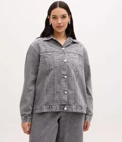 Jaqueta Oversized em Jeans com Aplicações de Brilhos Curve & Plus Size