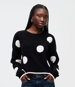 Suéter Slim em Tricô com Estampa Poá e Cava Deslocada