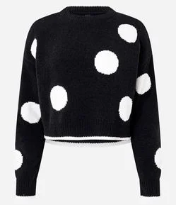 Suéter Slim em Tricô com Estampa Poá e Cava Deslocada