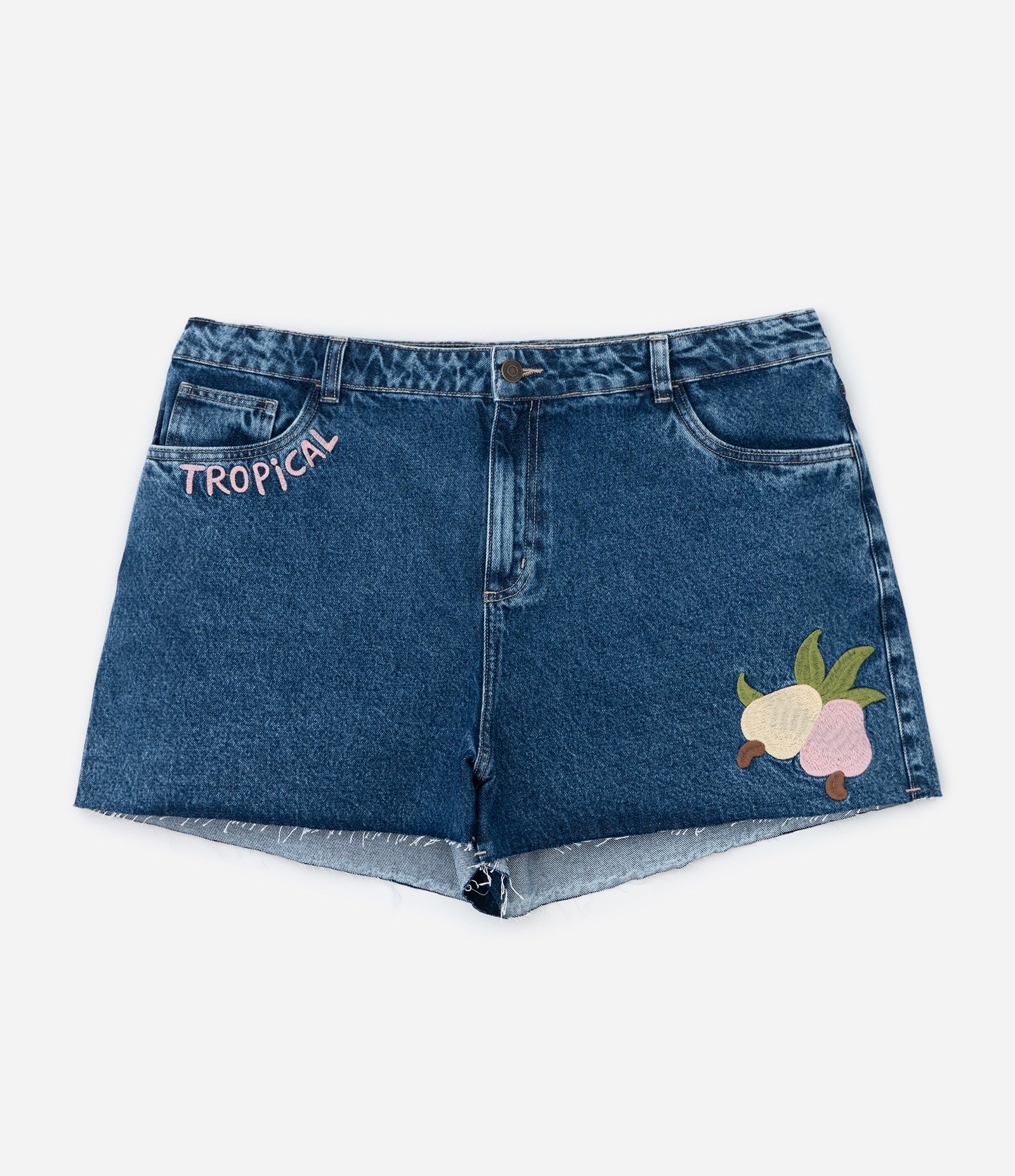 Short Jeans Mom com Barra a Fio e Bordado Caju Curve & Plus Size Azul 7