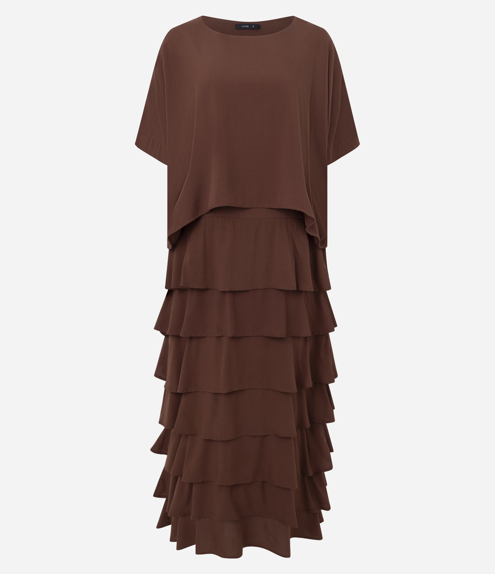 Vestido em Viscose com Saia em Camadas Marrom 5