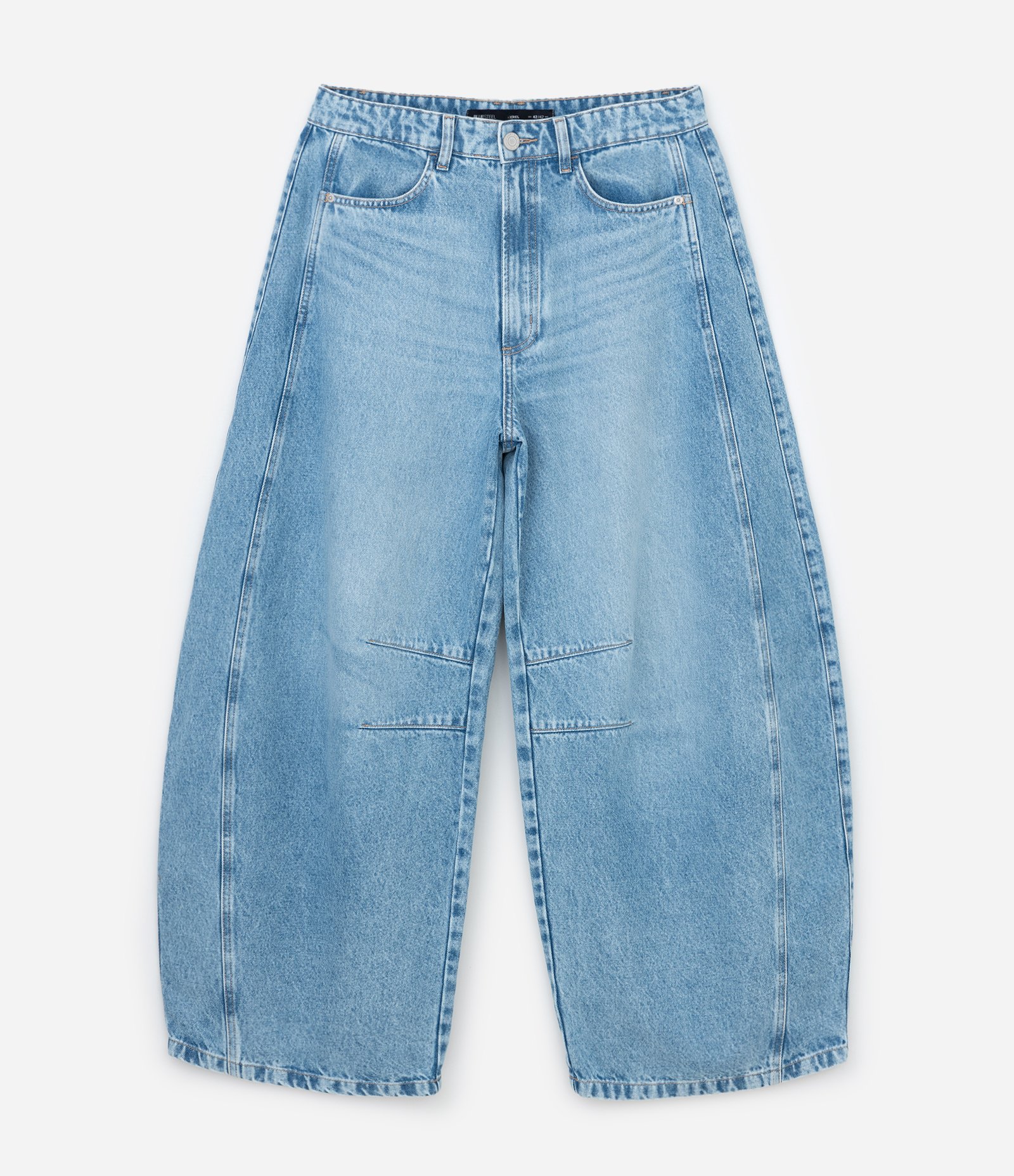 Calça Barrel em Jeans com Recortes e Pences Azul Claro 1