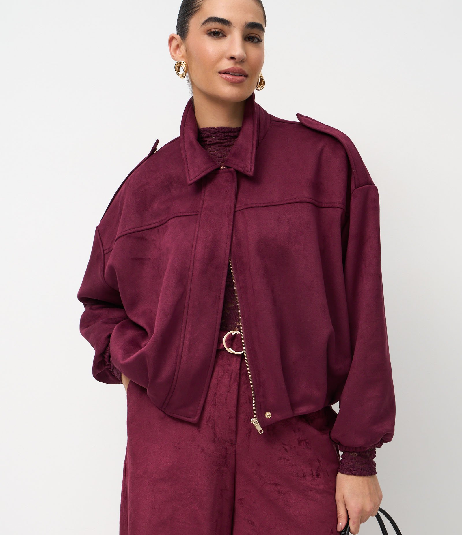 Jaqueta Bomber Suede Com Gola Clássica Vermelho 1