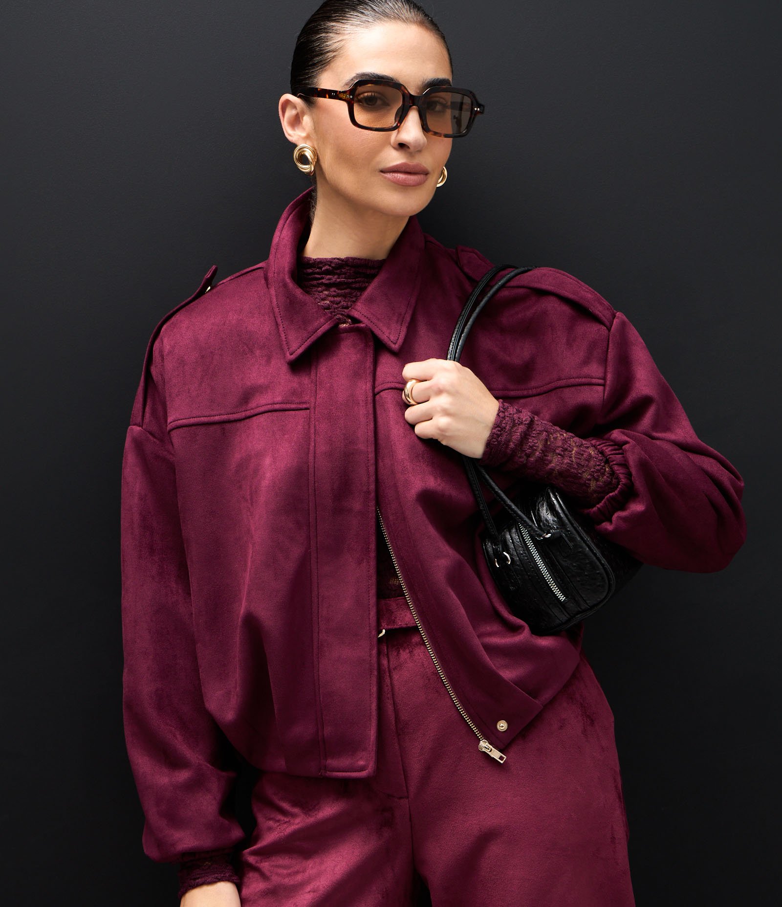 Jaqueta Bomber Suede Com Gola Clássica Vermelho 5