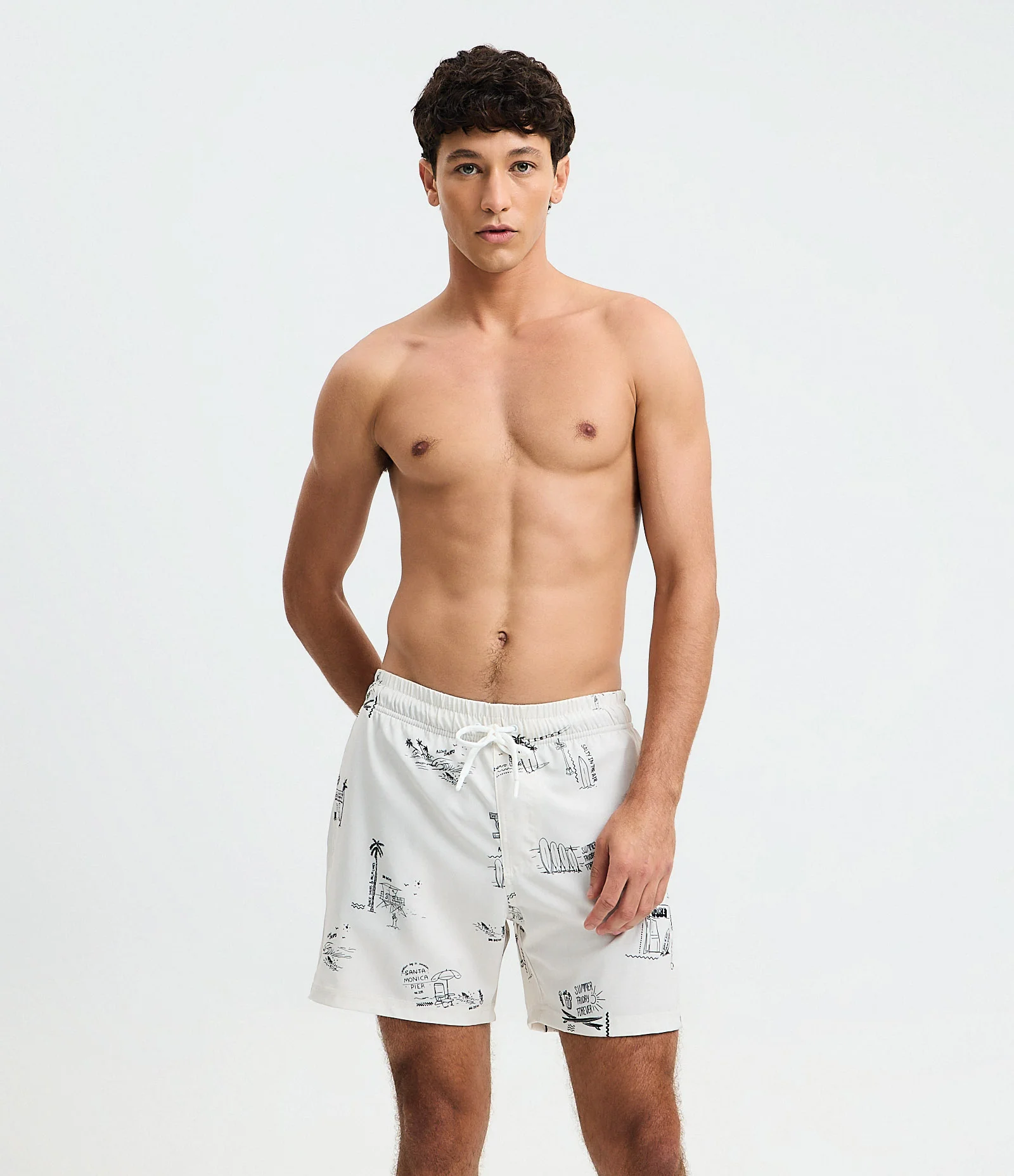 Bermuda de Banho em Microfibra com Ícones de Praia Branco 1