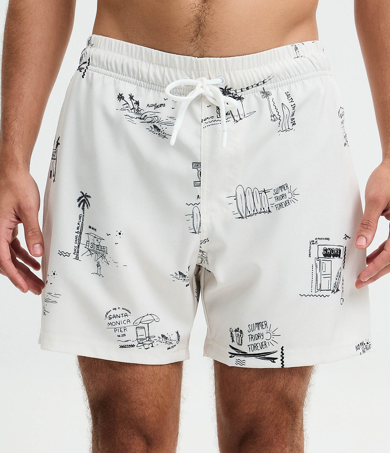 Bermuda de Banho em Microfibra com Ícones de Praia Branco 2
