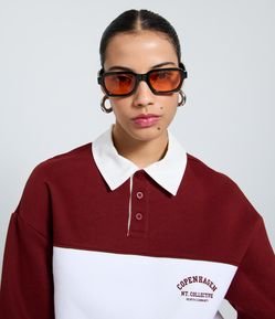 Casaco Alongado em Moletom com Gola Polo e Listras