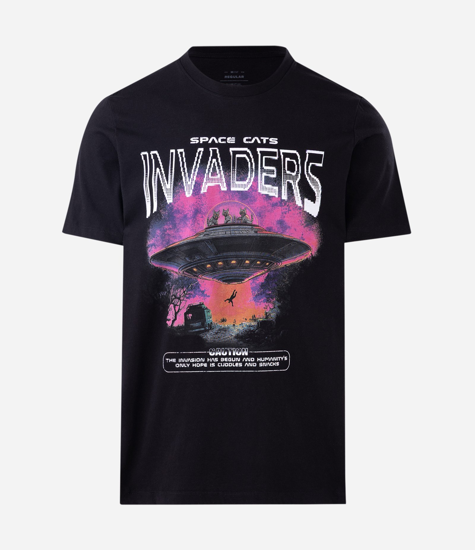 Camiseta Regular em Algodão com Estampa Space Cats Invaders Preto 4