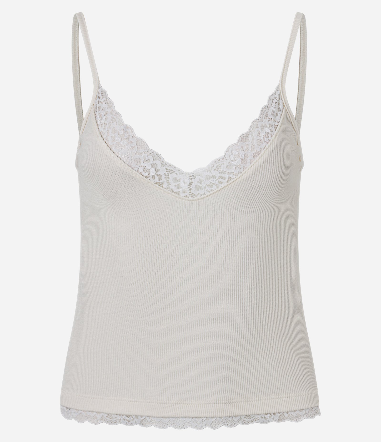 Blusa em Ribana com Alças Finas e Renda no Decote Off White 1