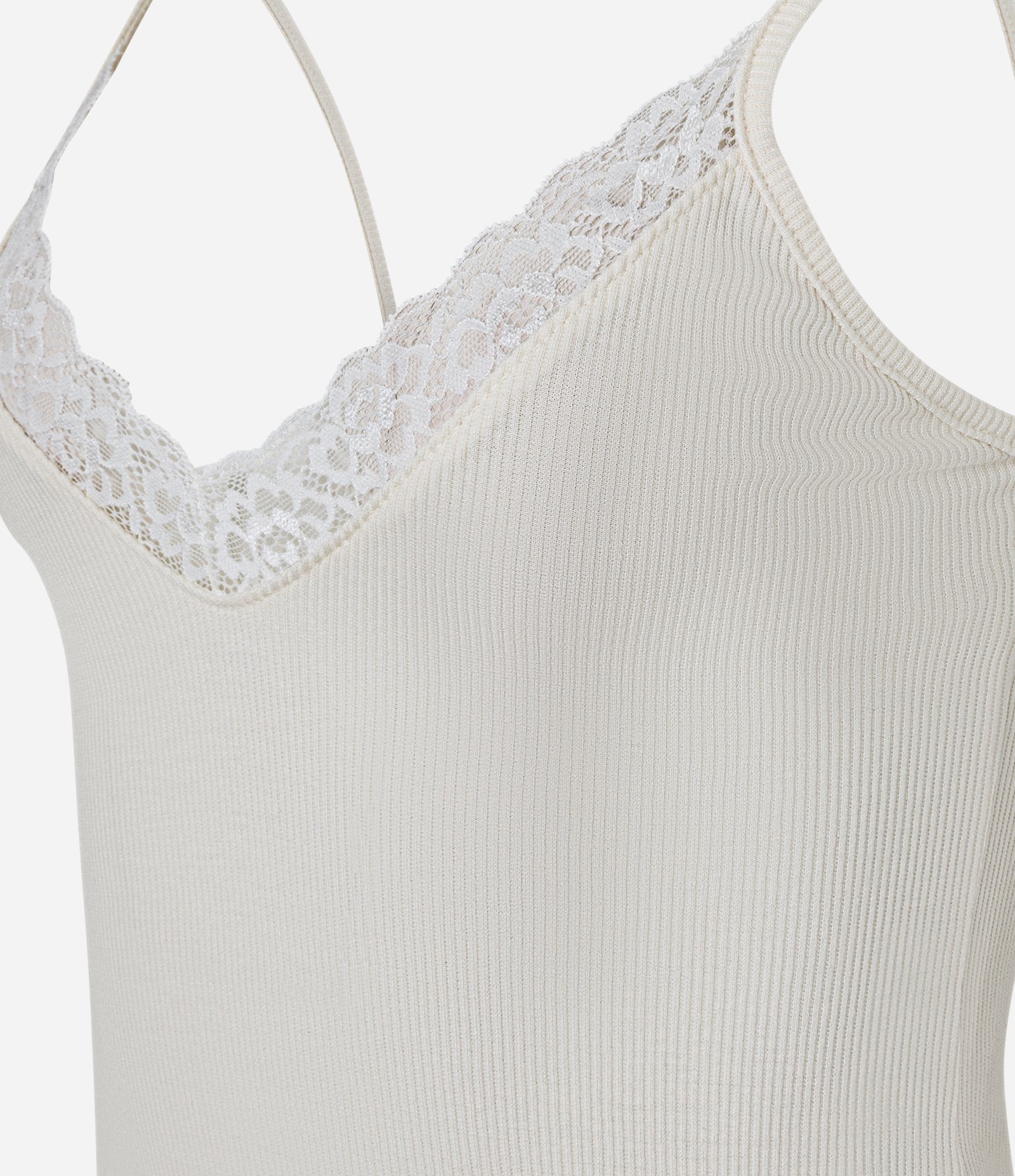 Blusa em Ribana com Alças Finas e Renda no Decote Off White 2