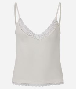 Blusa em Ribana com Alças Finas e Renda no Decote