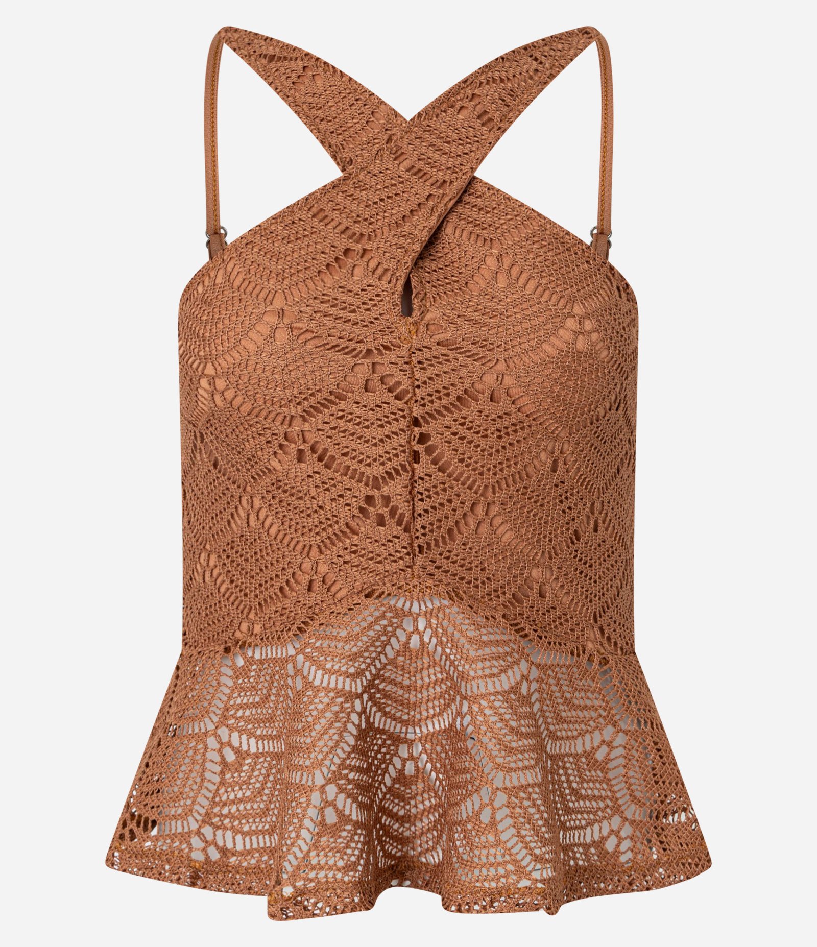 Blusa Peplum com Efeito Crochê em Textura Transpasse Marrom 1