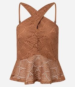 Blusa Peplum com Efeito Crochê em Textura Transpasse