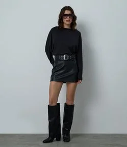 Saia Feminina Mini em PU com Cinto de Ilhós