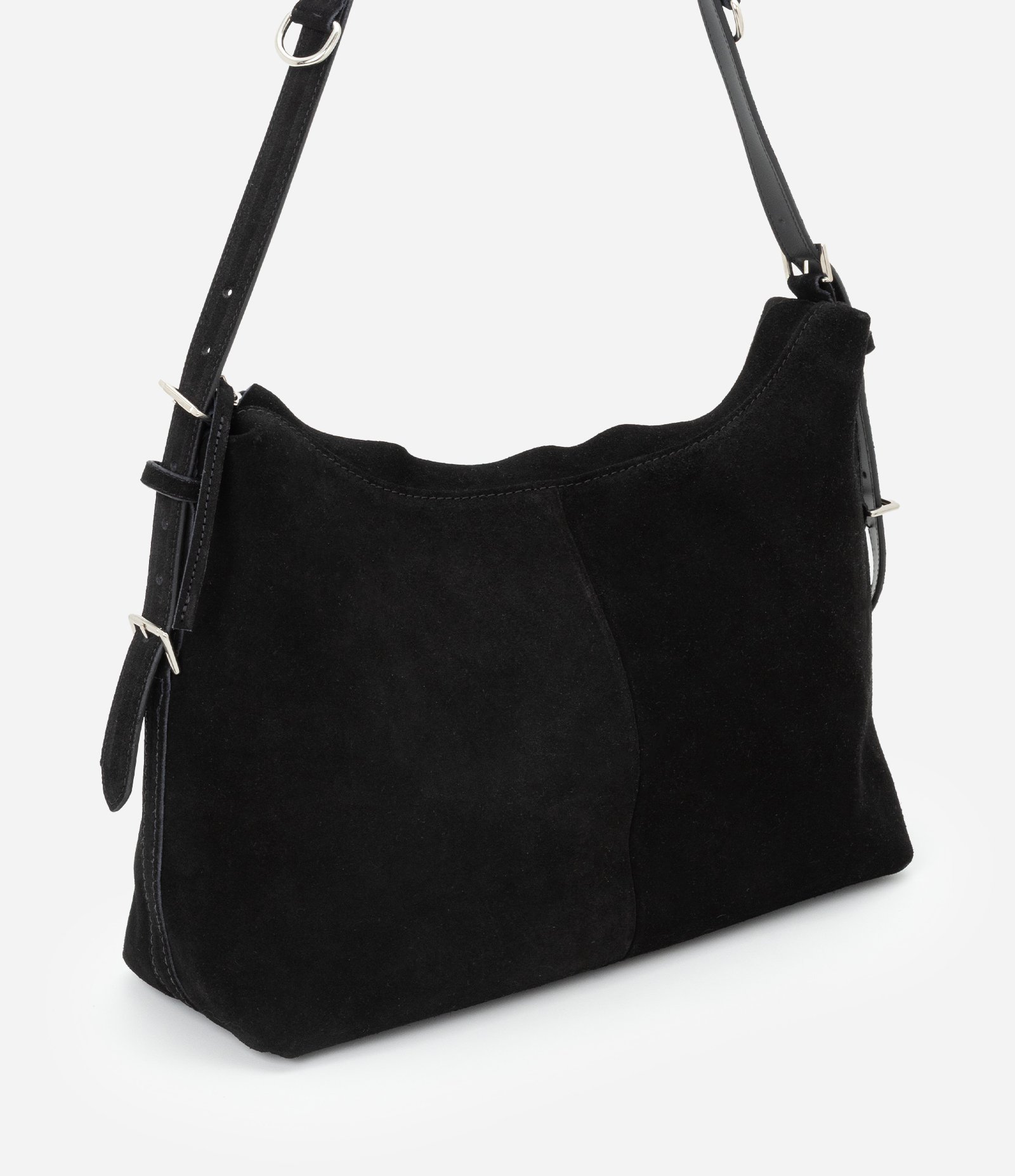 Bolsa Hobo em Couro com Fivelas Metalizadas Preto 1