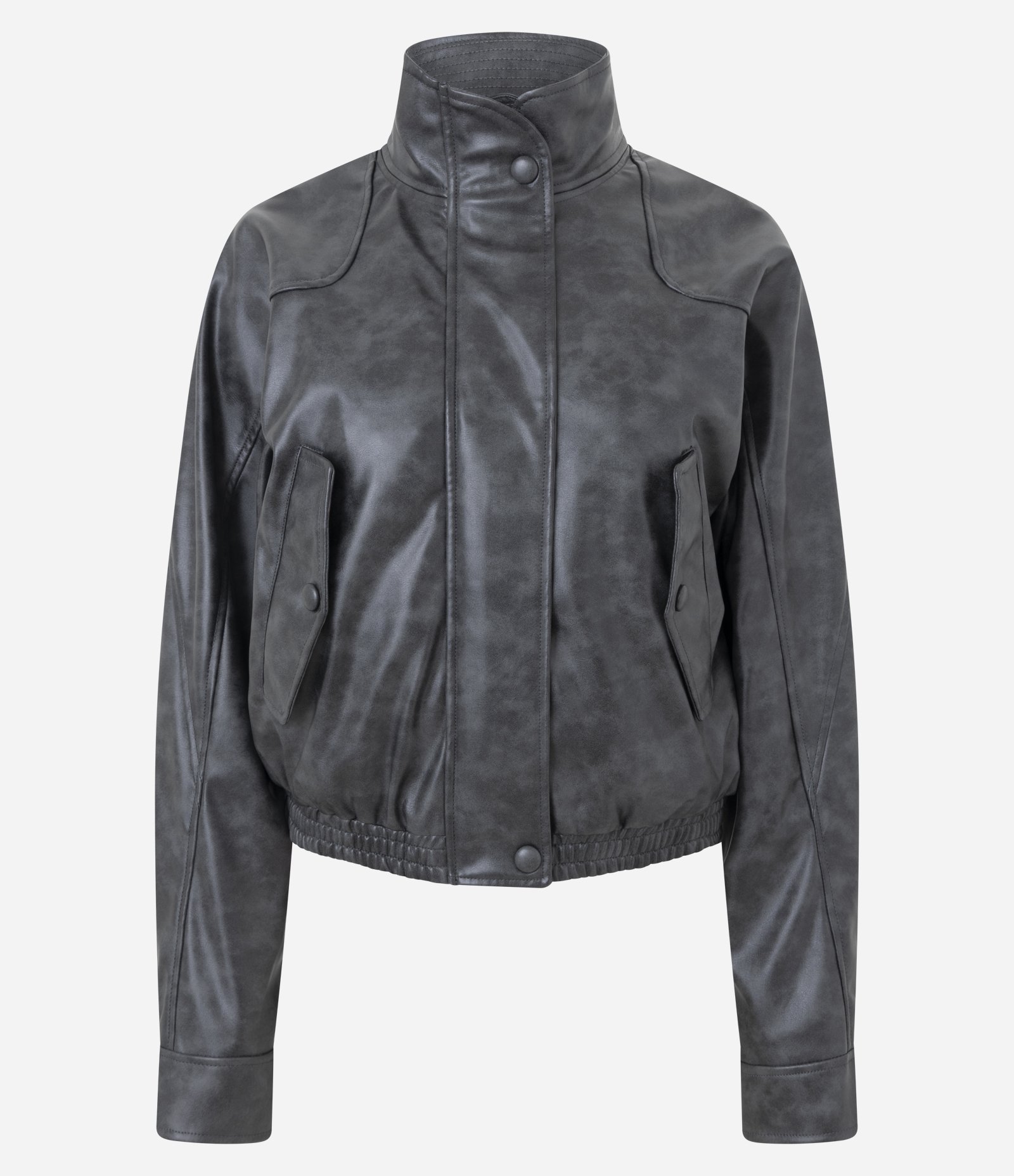 Jaqueta em PU com Gola Alta e Efeito Manchado Cinza 5