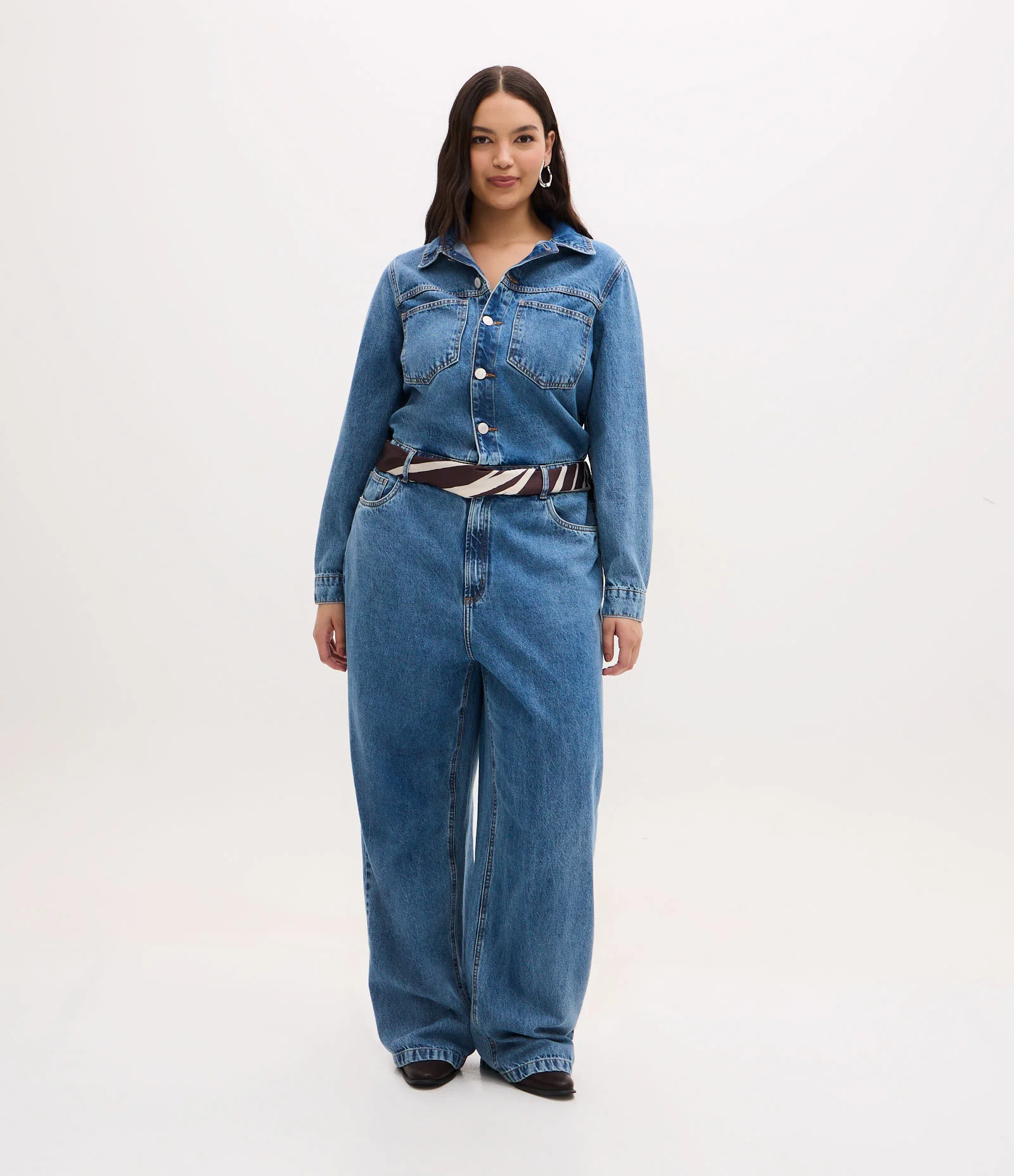 Macacão Longo em Jeans com Cós Elástico Curve & Plus Size Azul 1