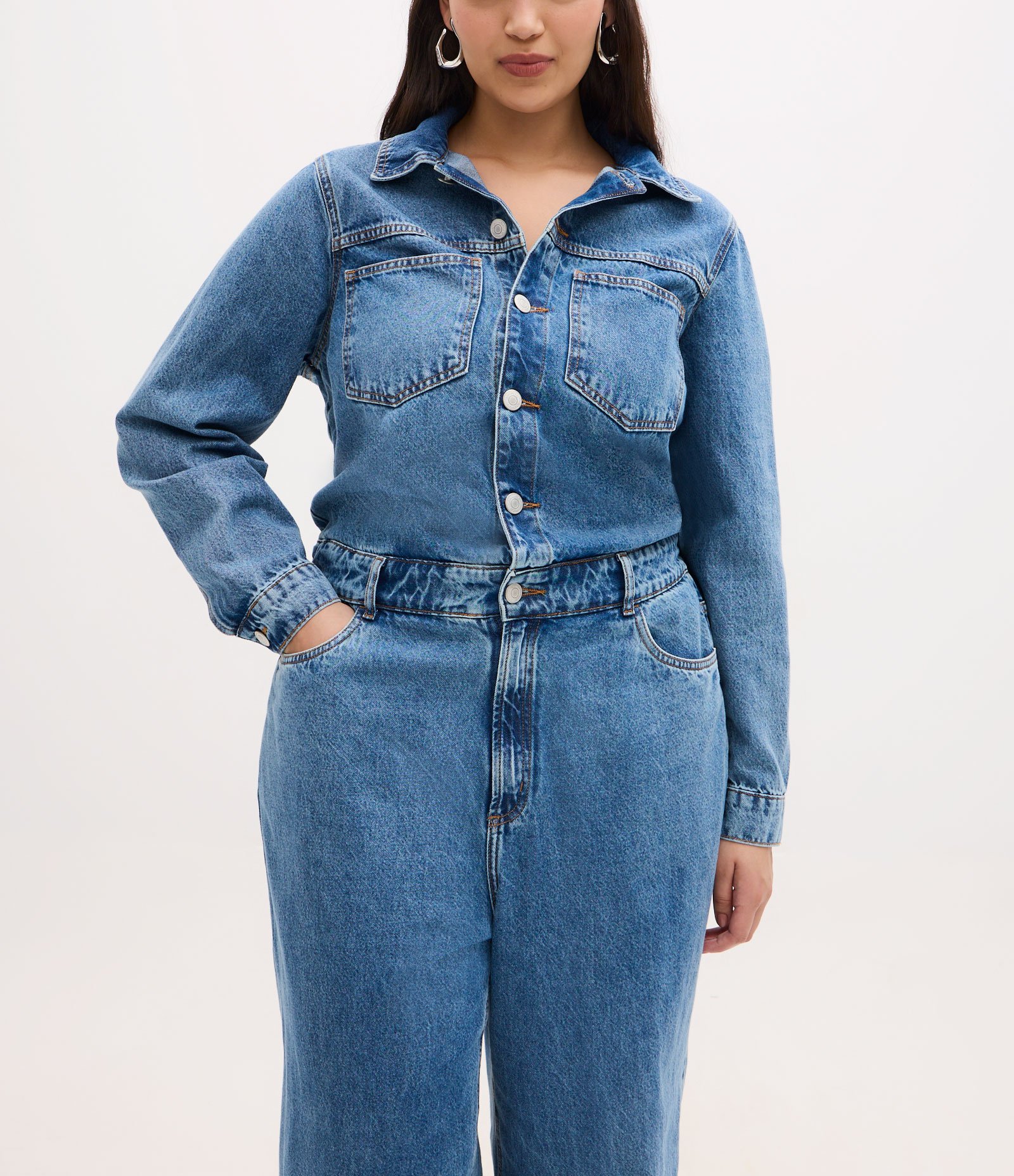 Macacão Longo em Jeans com Cós Elástico Curve & Plus Size Azul 3