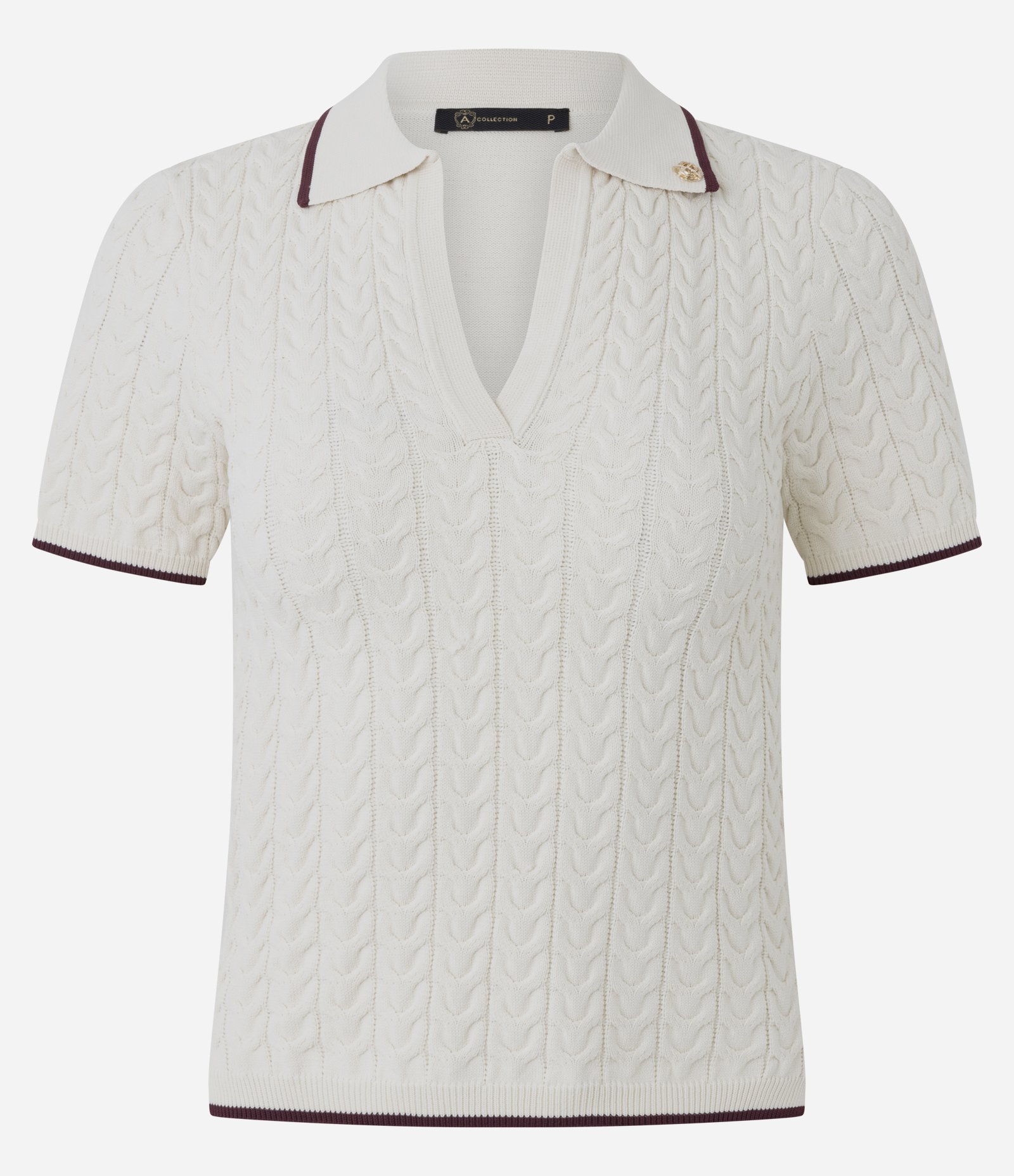 Blusa Feminina Tricô Manga Curta Gola Polo com Broche Bege 1