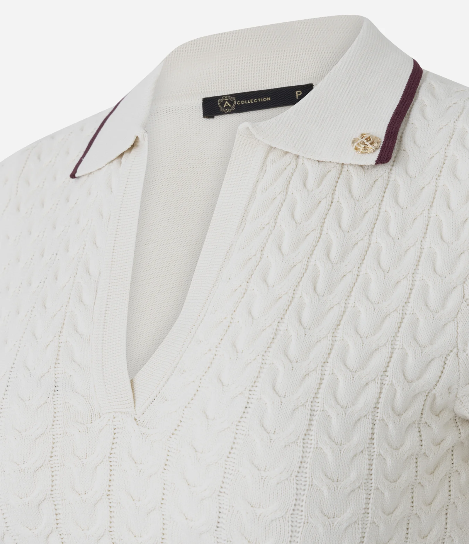 Blusa Feminina Tricô Manga Curta Gola Polo com Broche Bege 2