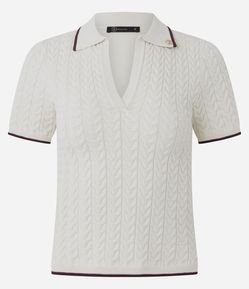 Blusa Feminina Tricô Manga Curta Gola Polo com Broche