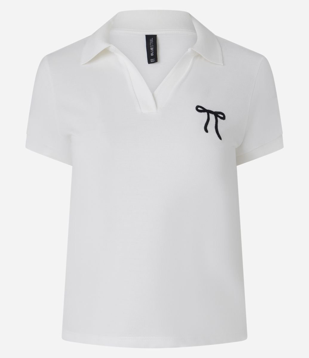 saki☆ 新品Ameri VINTAGE LACE POLO SHIRT Blusa Polo em Piquet com Bordado de Laço Branco