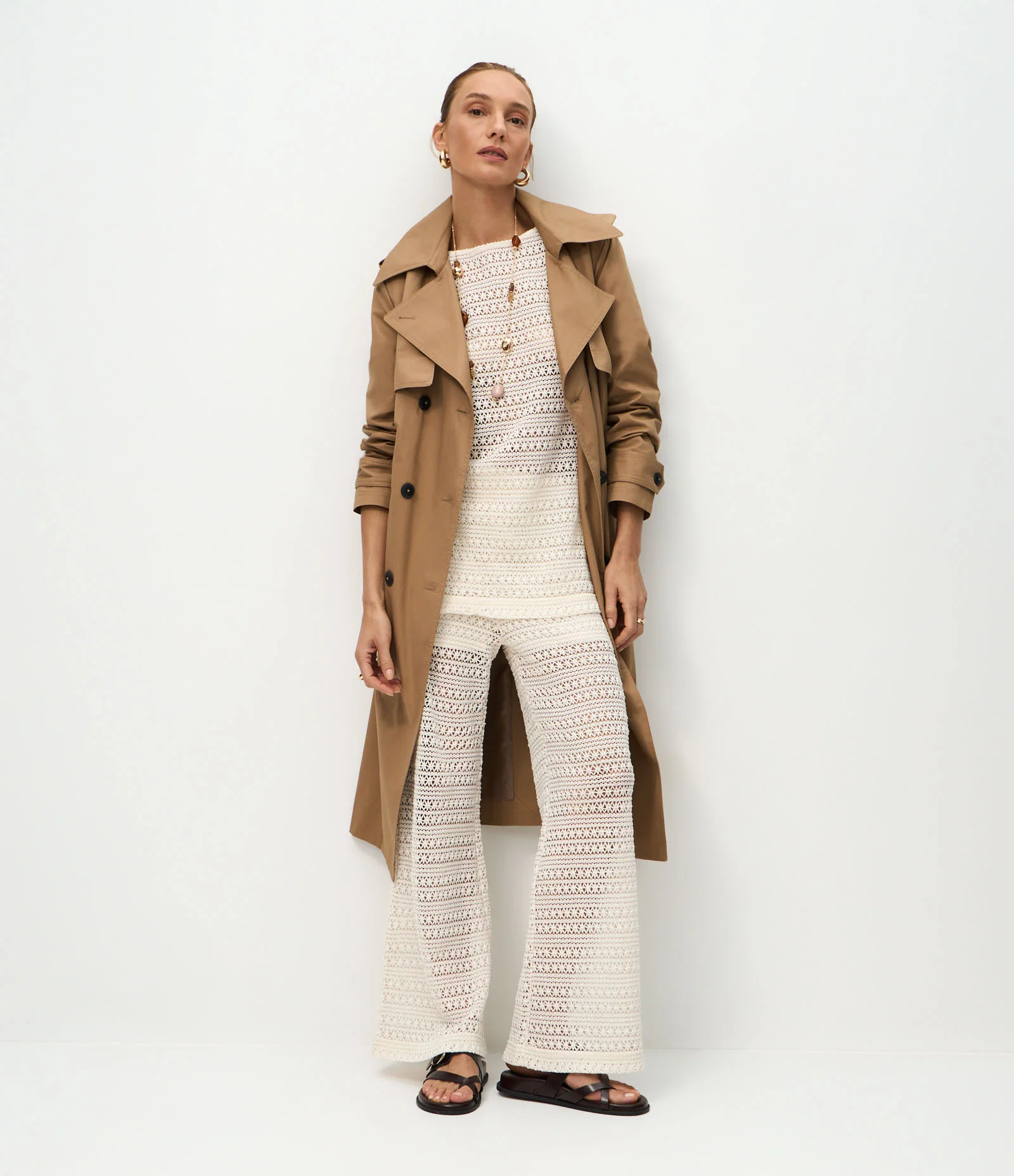 Calça Reta em Tela Crochetada com Cós Estruturado Off White 1