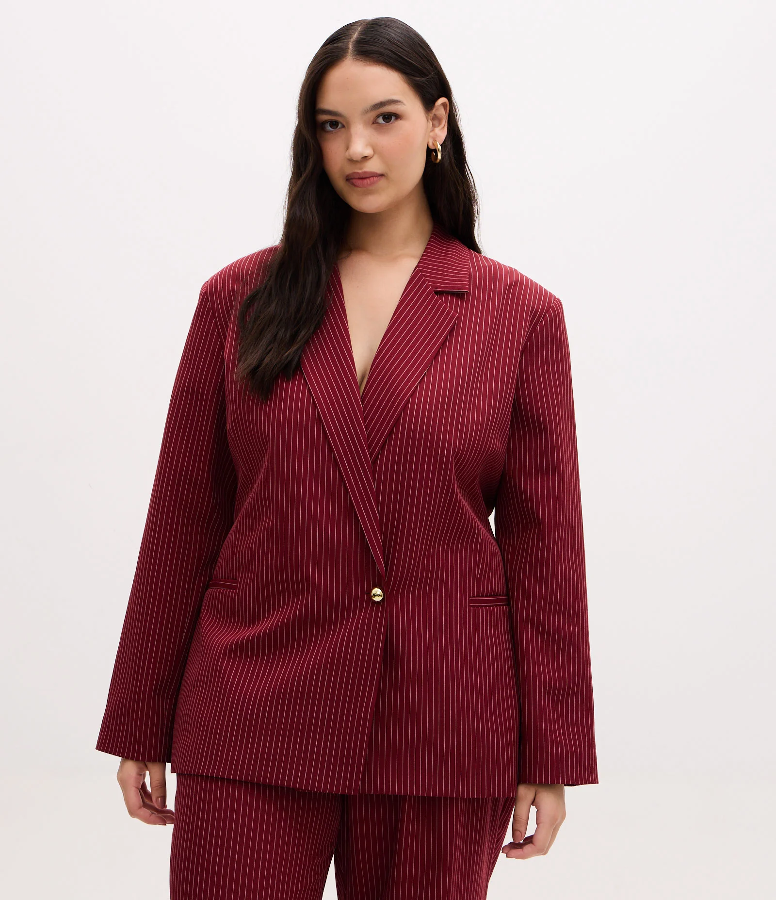 Blazer Alfaiatado com Risca de Giz e Fechamento Transpassado Curve & Plus Size Vermelho 2