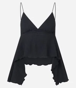 Blusa Curta Texturizada com Alças Finas e Pontas