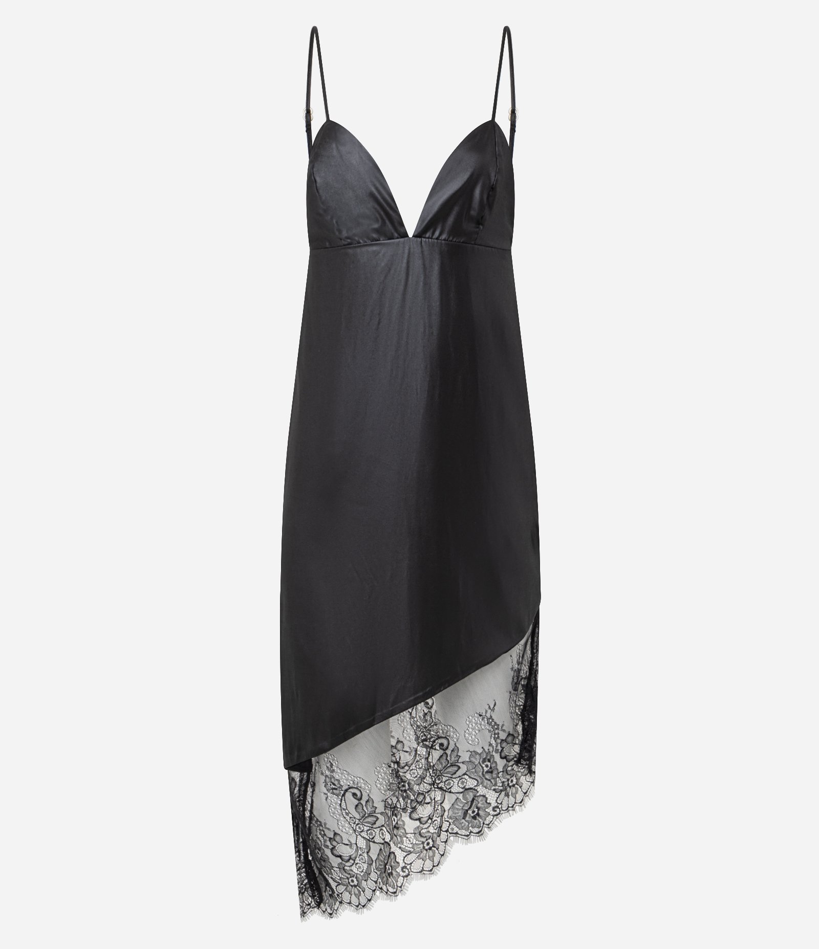 Vestido Midi em Cetim com Alça Fina e Barra de Renda Preto 8