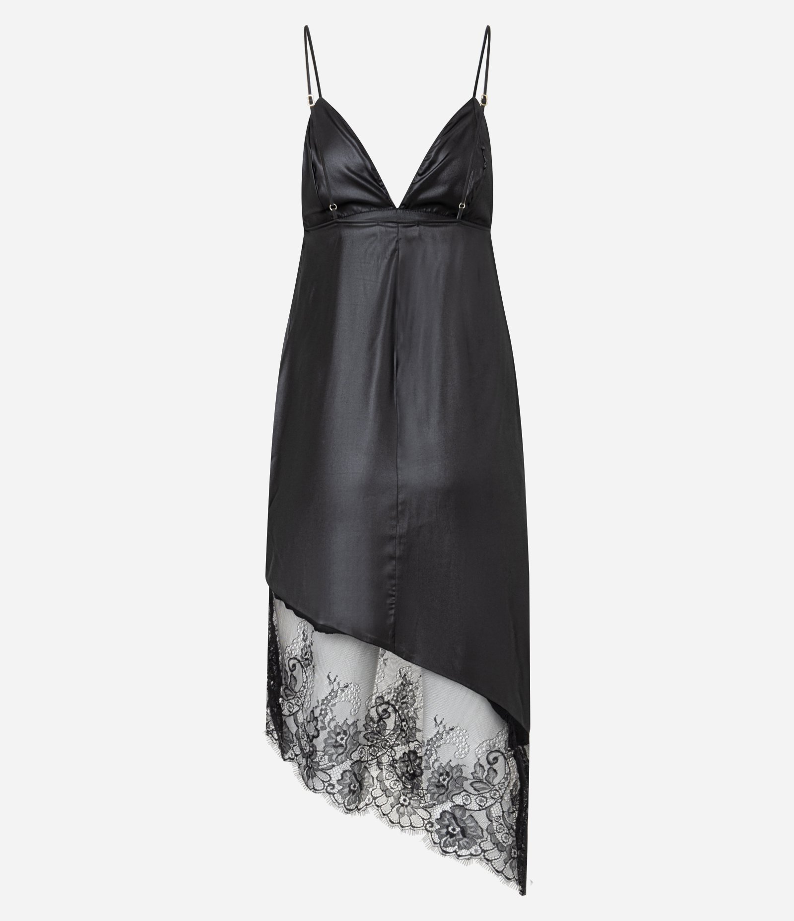 Vestido Midi em Cetim com Alça Fina e Barra de Renda Preto 10
