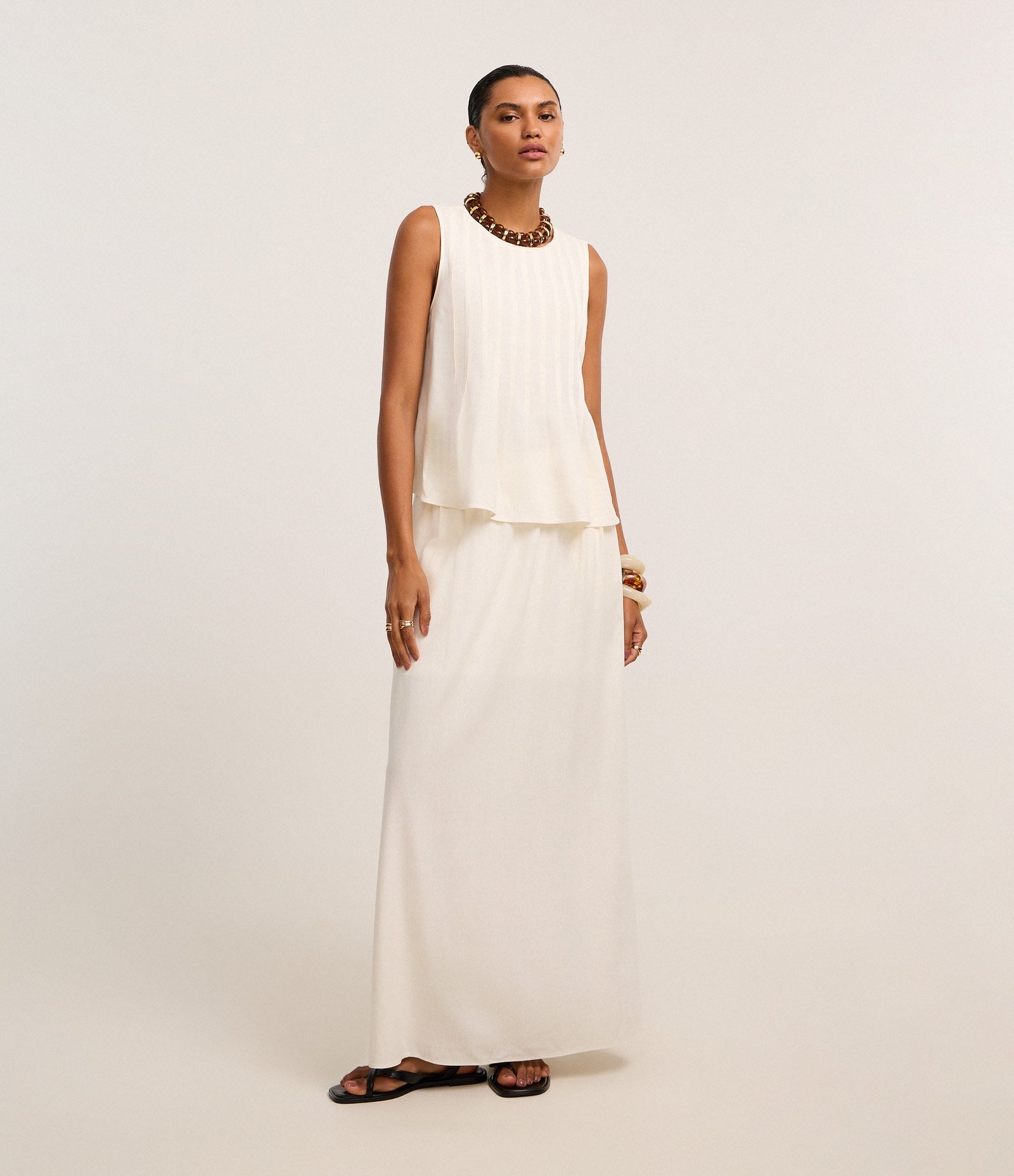 Blusa Peplum em Viscolinho com Frisos Frontais Off White 2