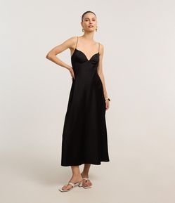 Vestido Long Midi em Cetim com Decote Coração