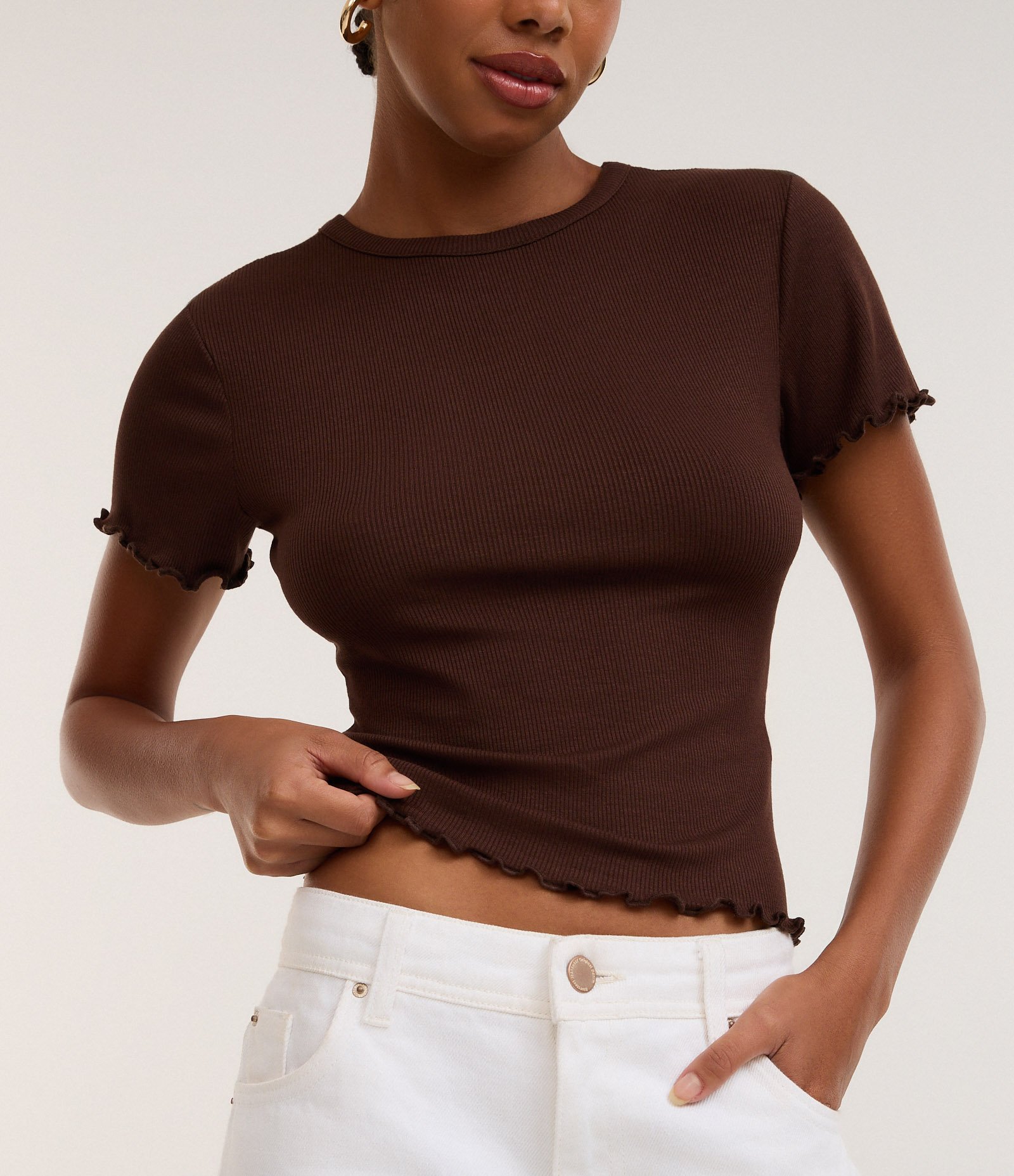 Blusa Manga Curta com Gola Redonda Marrom Médio 4