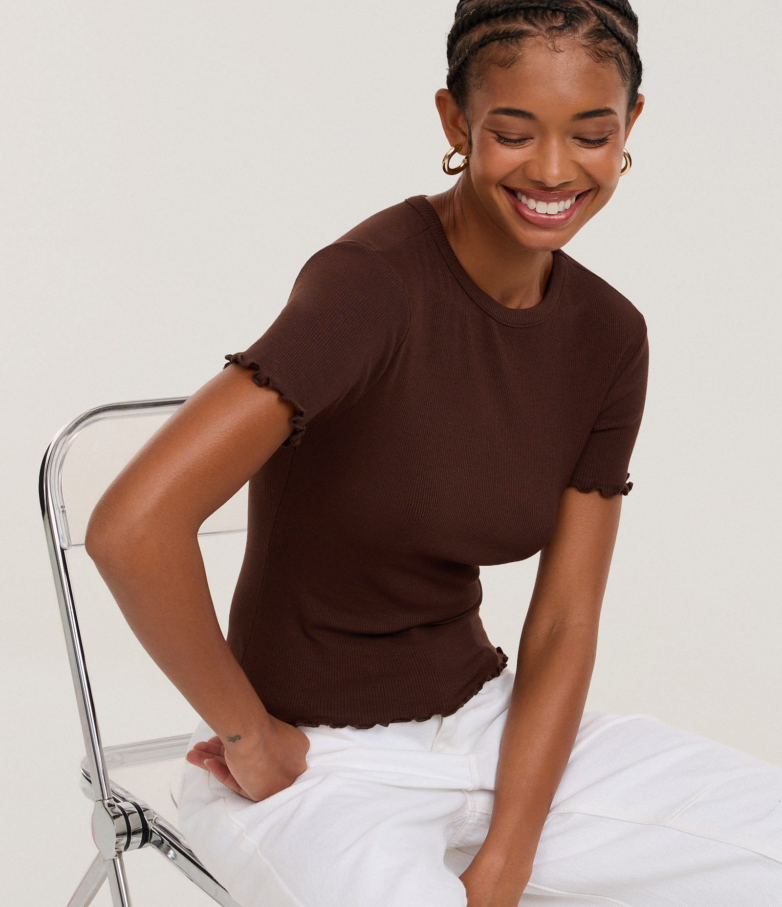 Blusa Manga Curta com Gola Redonda Marrom Médio 5