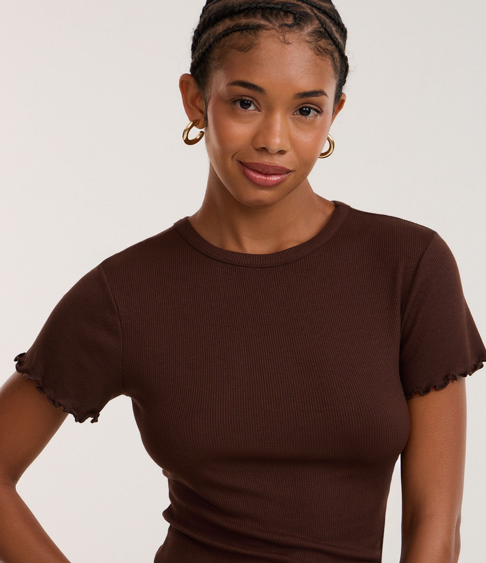 Blusa Manga Curta com Gola Redonda Marrom Médio 6