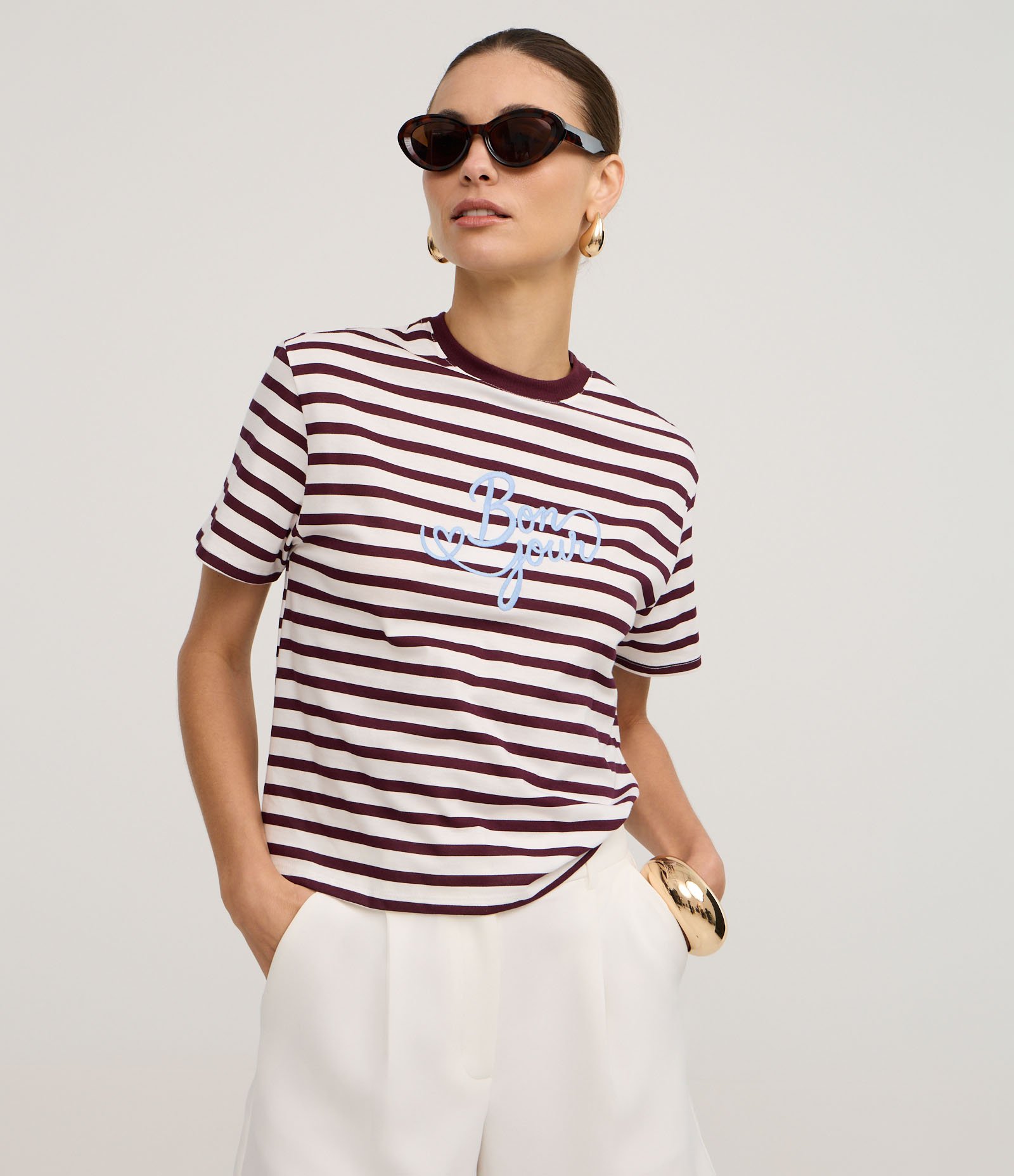 Blusa Listrada em Algodão com Bordado Bon Jour Marrom/Branco 1