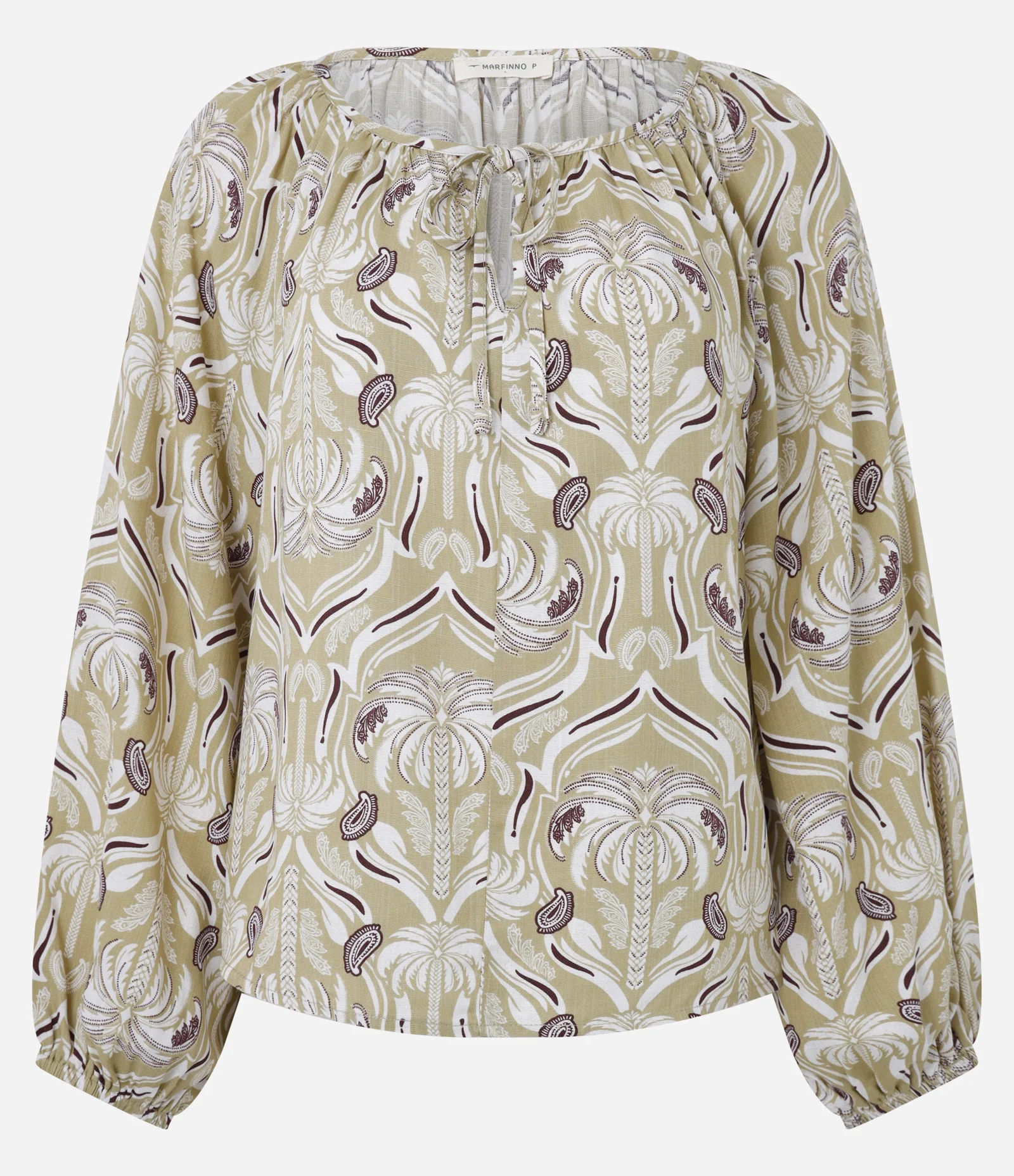 Blusa Feminina Manga Longa Ícones em Repetição com Amarração Bege 5