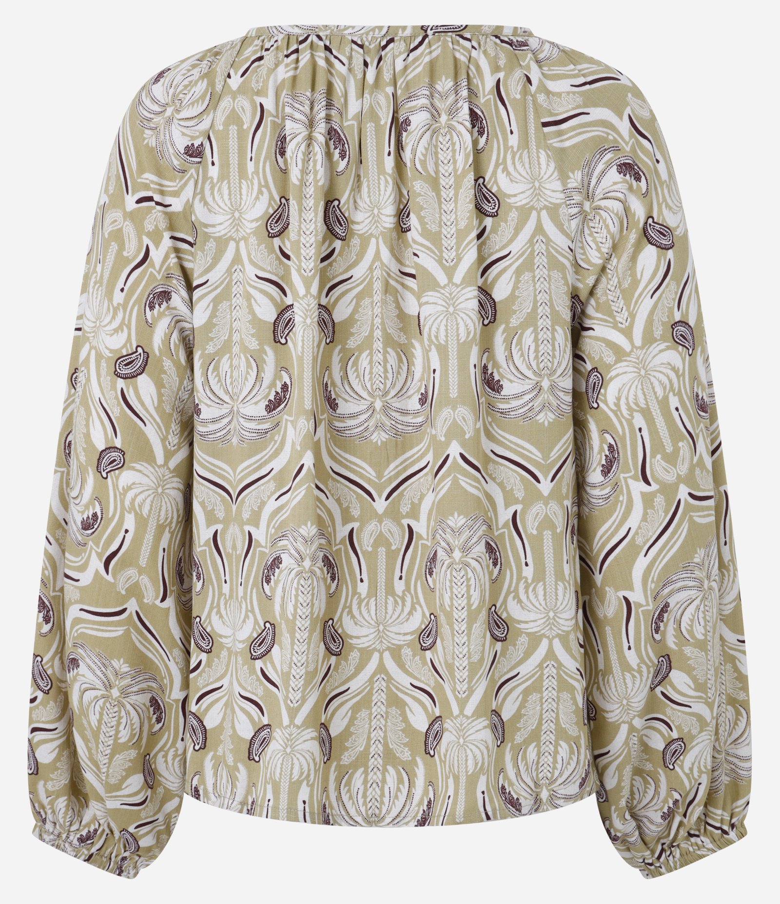 Blusa Feminina Manga Longa Ícones em Repetição com Amarração Bege 7