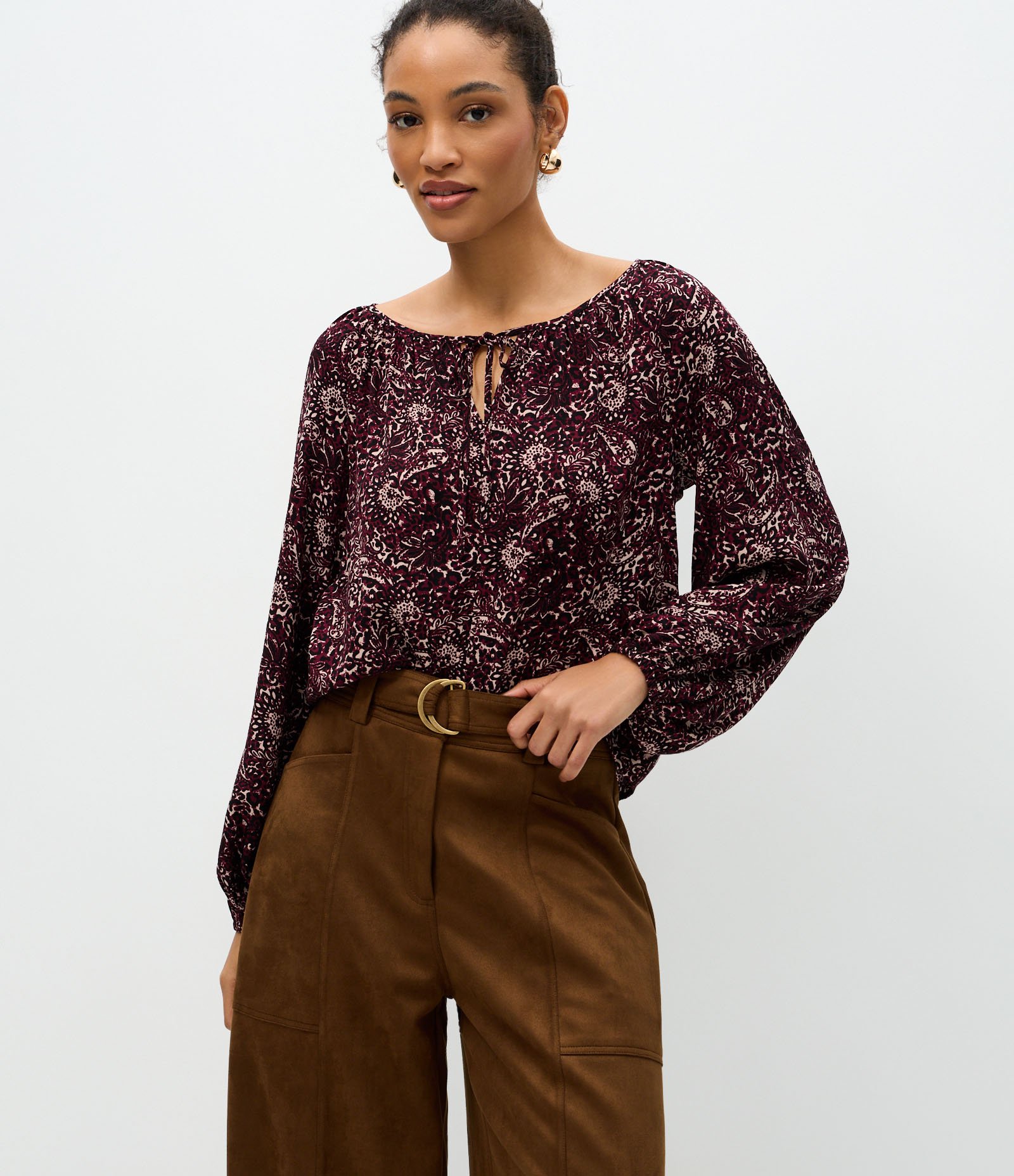 Blusa Feminina Manga Longa Folhagem com Amarração Frontal Vermelho 1